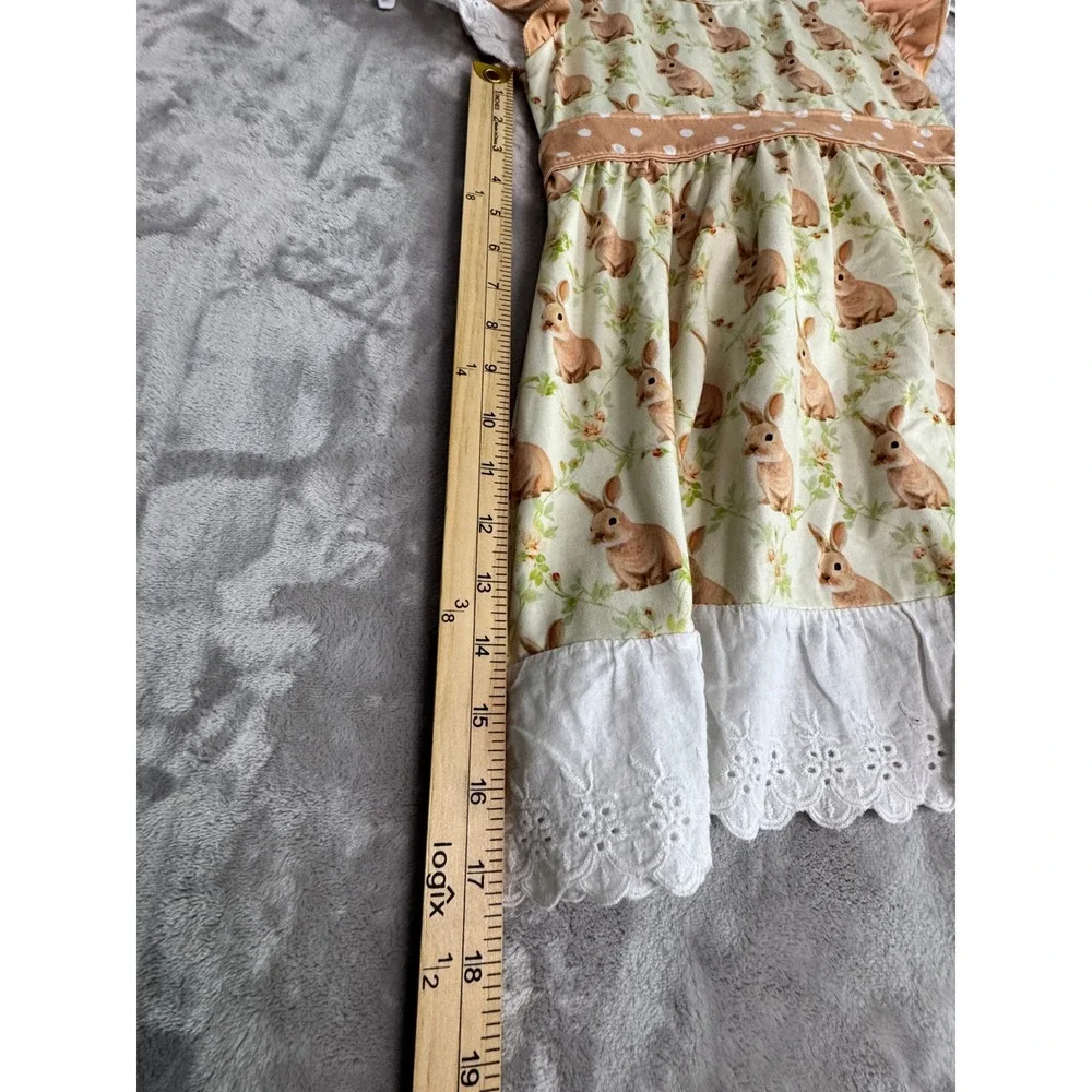 Bunny Print Dress Peach Polka Dot Ruffle Sleeve Easter Spring Kids 4T‎